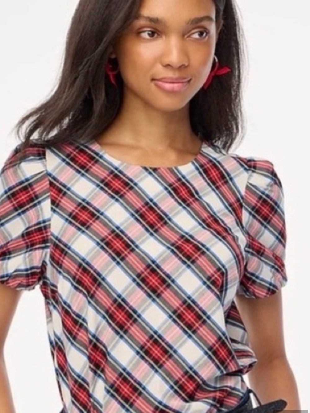 J. Crew Plaid Puff-Sleeve Women's Top in Red and White